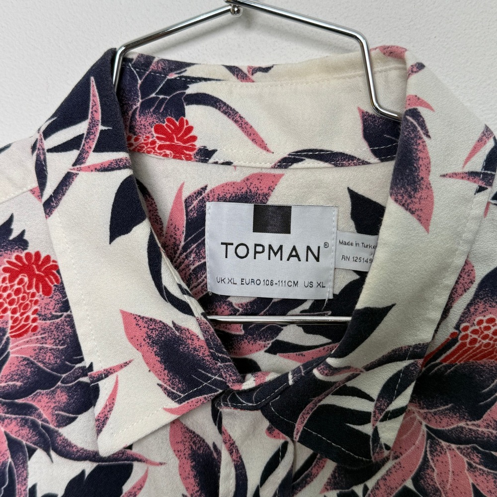 Topman Mens XL Floral Button Up Shirt Short Sleeve White Navy Red Cotton Casual - Picture 2 of 7